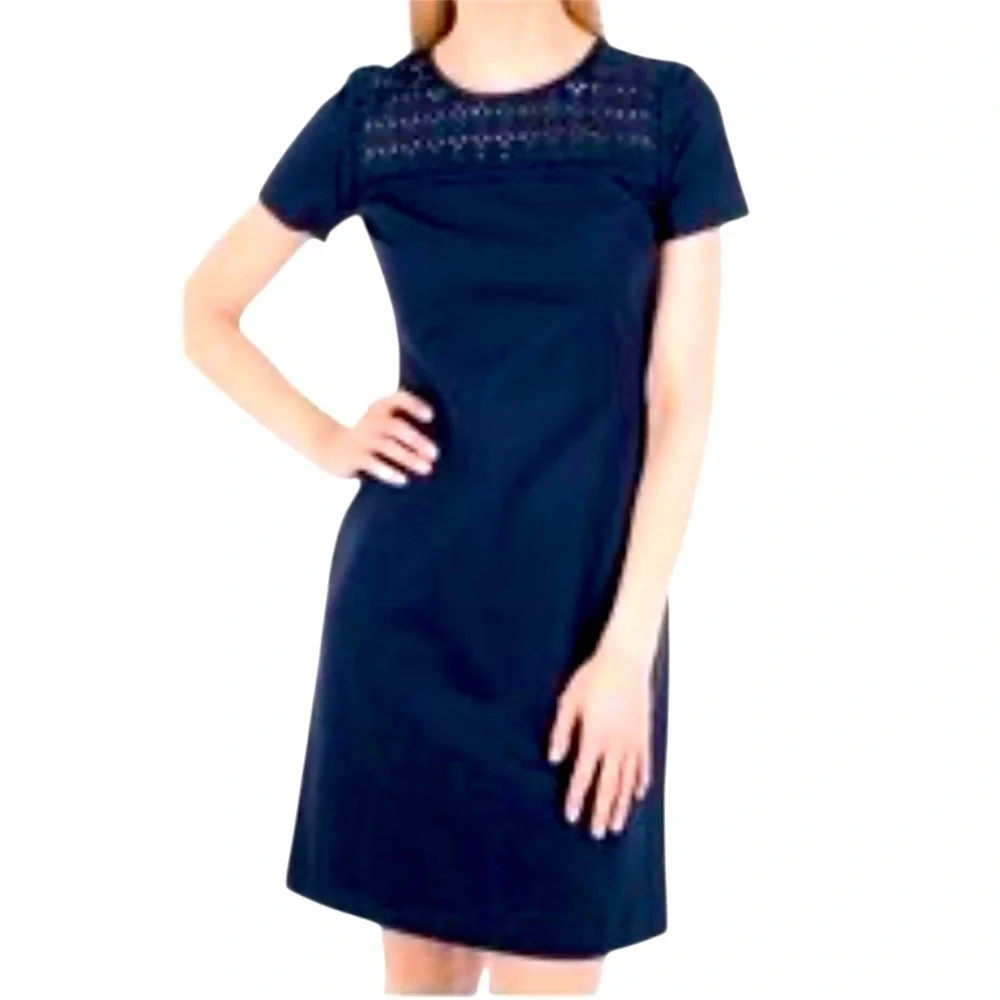 Brooks Brothers Red Fleece Womens M Navy Eyelet Lace Yoke Shift Dress Office